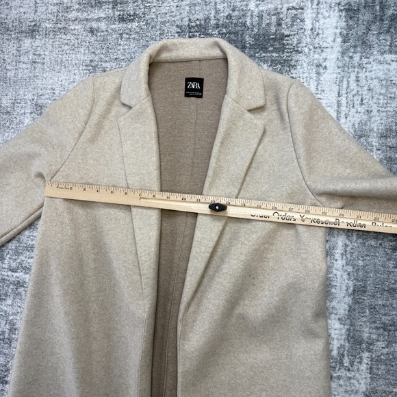 Zara Coat Womens Medium Beige Open Front Notch Lapel Collar Neutral Minimalist - Picture 11 of 15
